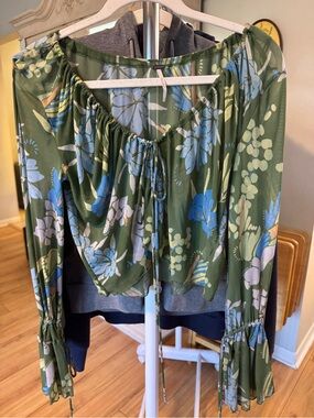 Free People Olive Green Floral Sheer Top with Blue Accents Size Small